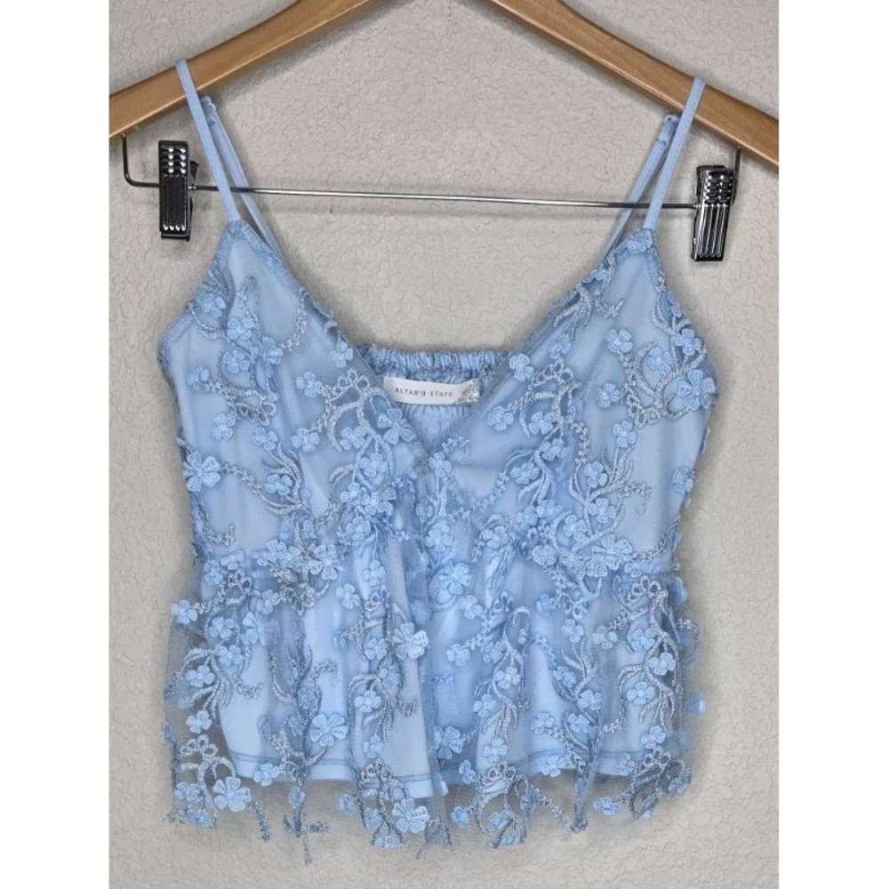 Altar'd State Blue Mesh Floral Embroidered Smocked Spaghetti Strap Cami XXS Core